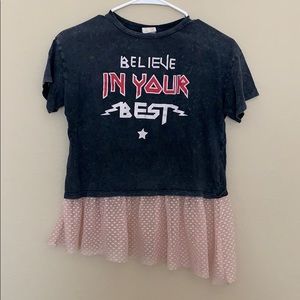 ZARA Girl’s Gray & Pink Graphic “Believe In Your Best” Asymmetrical Tulle Hem